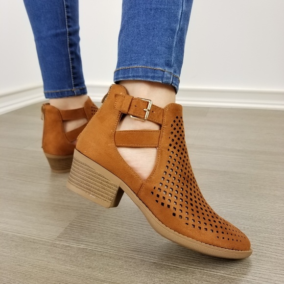 Brown Perforated Cut Open Ankle Boots - Picture 10 of 12